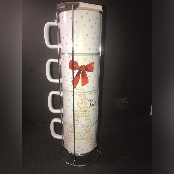 Stacking  Eiffel Tower Coffee Mug Set of 4 with Silver Metal Rack Carly & Rose - Picture 1 of 9